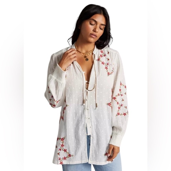 Anthropologie Embroidered White Tunic Blouse Size Medium - Picture 1 of 9